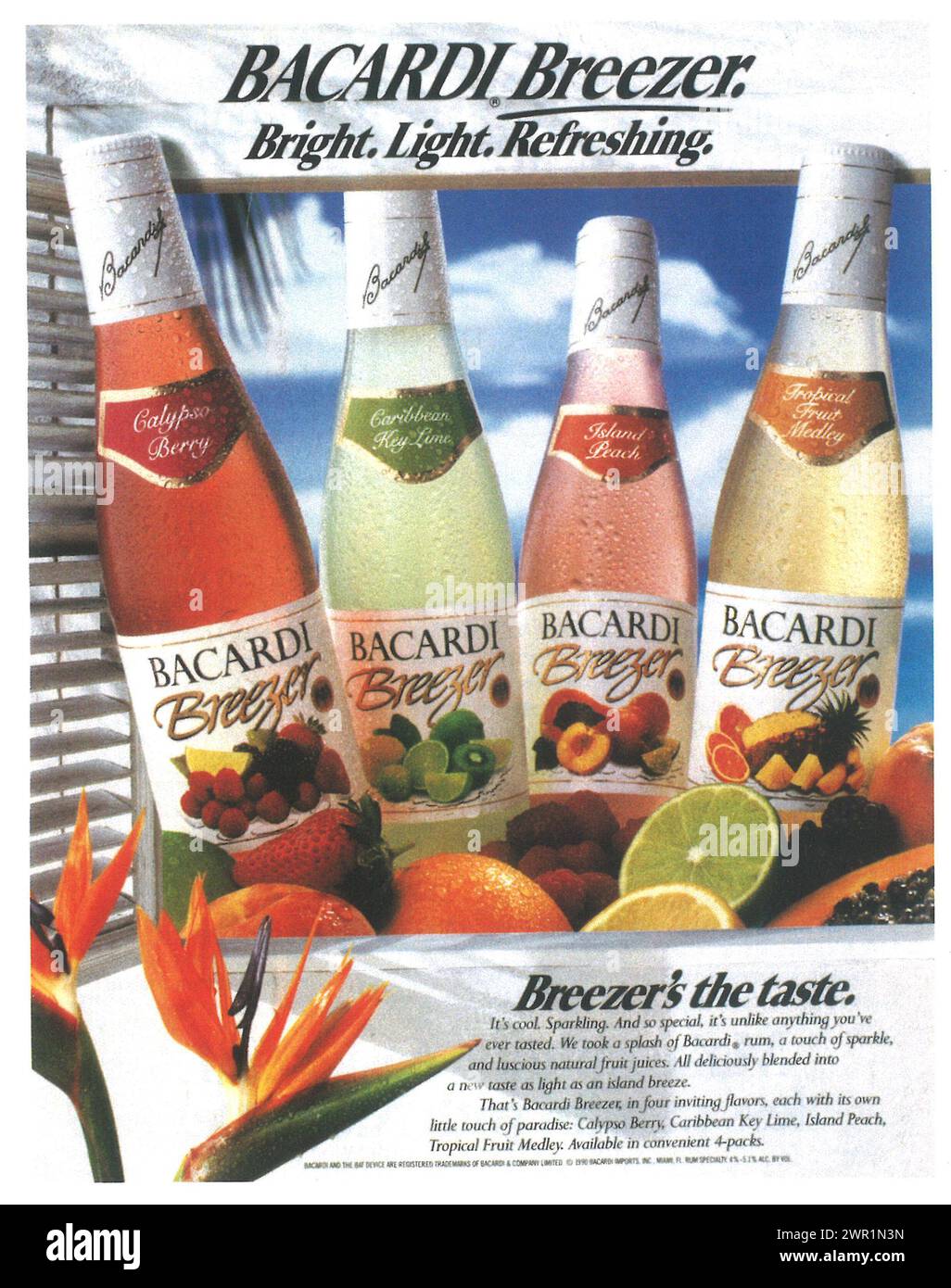 1990 Bacardi Breezer Rum Print Ad Cooler Vintage Print Ad Summer Beach Drink Stock Photo