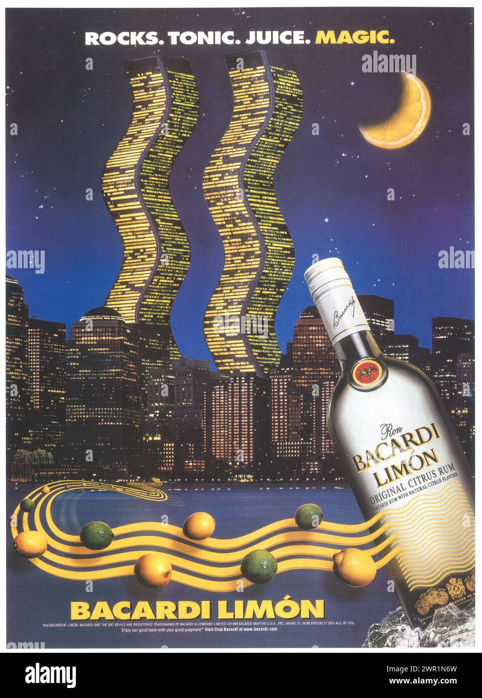 1998 BACARDI LIMÓN’S PRINT AD with WOBBLY TWIN TOWERS Stock Photo