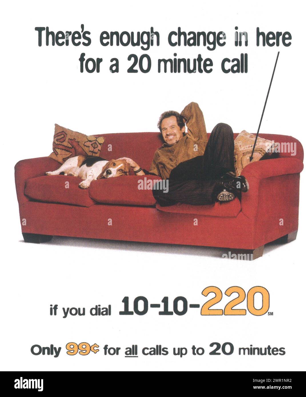 199810-10-220 telephone service calling print ad. 10-10-220 is a long distance telephone service provided by AT&T Stock Photo