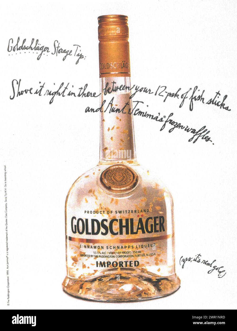 1994 Goldschläger Swiss cinnamon schnapps, a liqueur with very thin