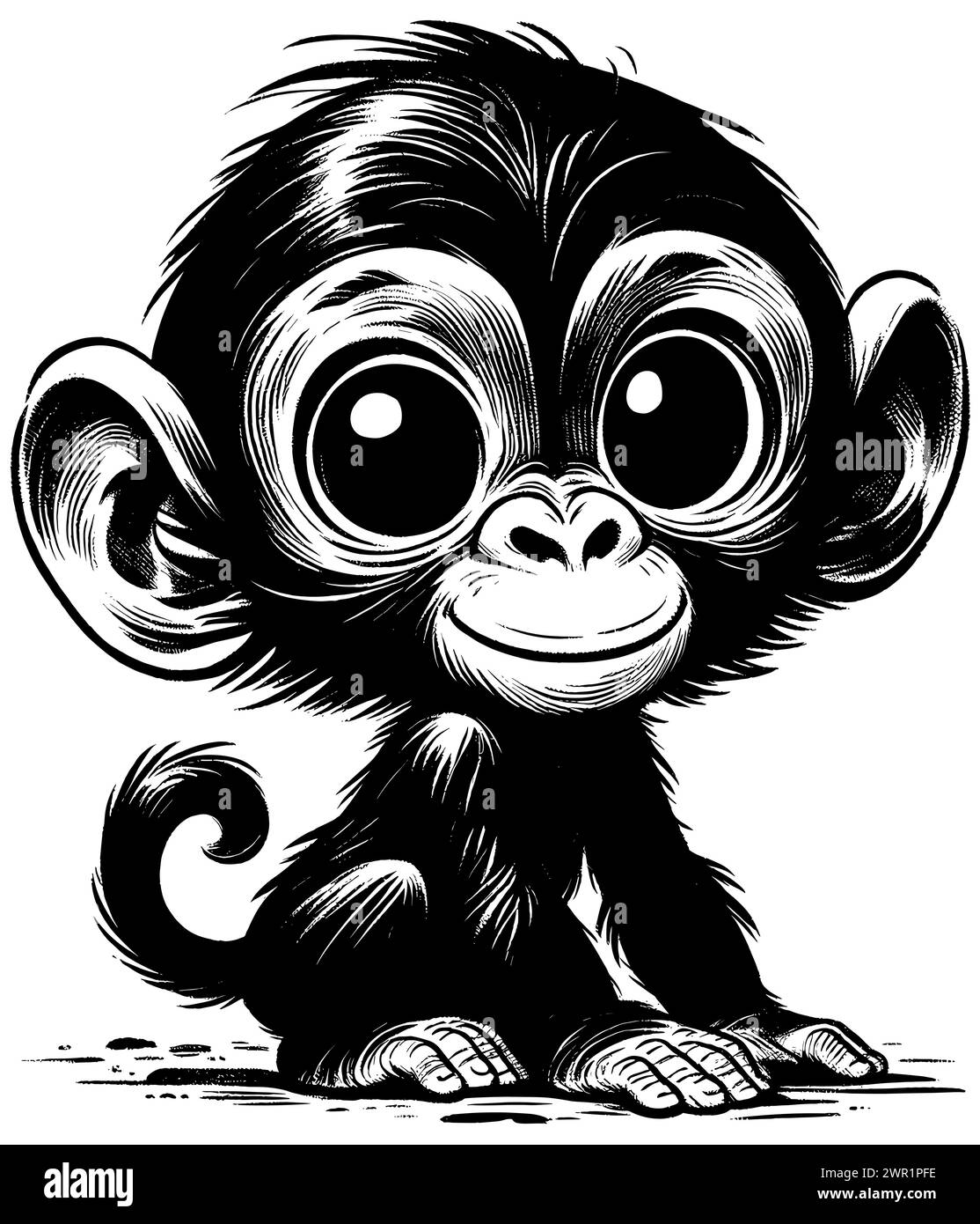 Woodcut style illustration of cute baby chimpanzee on white background