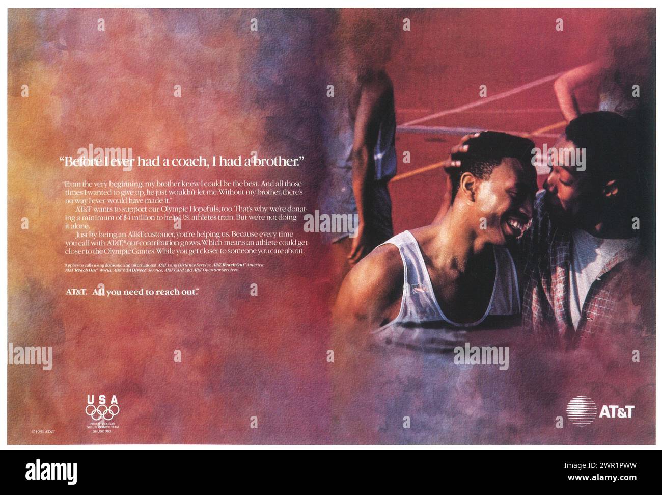 1991 At & T Print Ad. 'All you need to reach out.' 1992 U.S. Olympic team proud sponsor Stock Photo