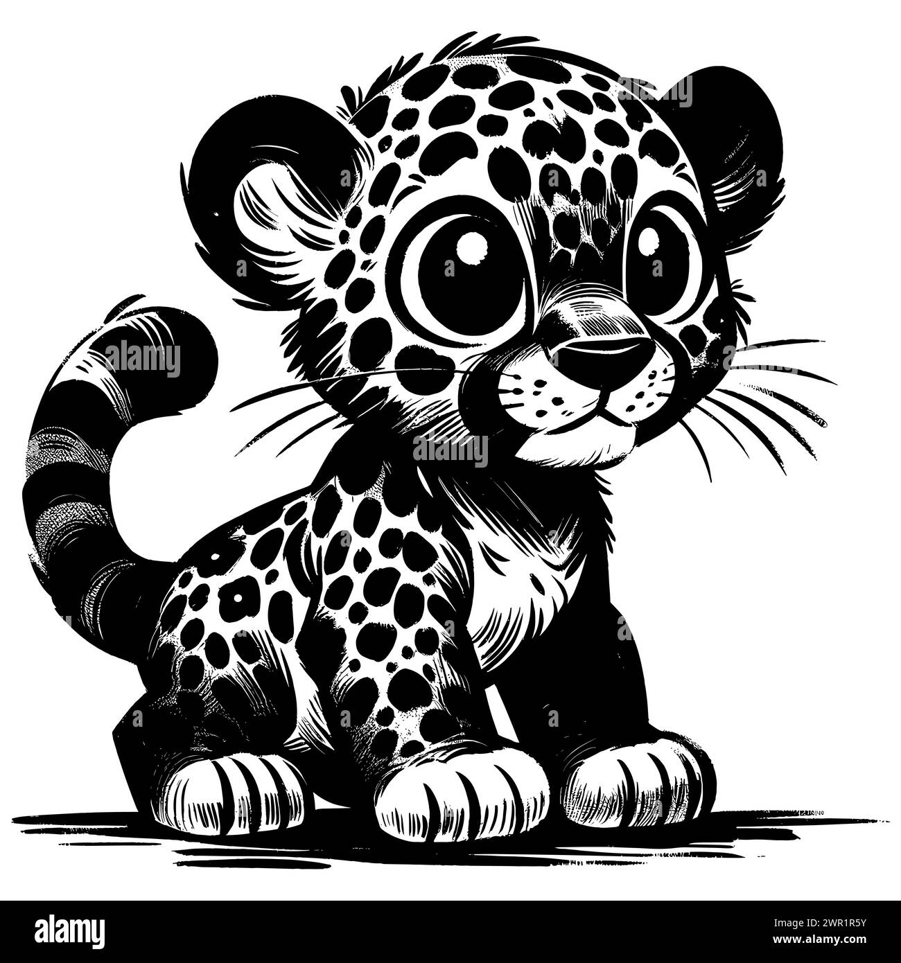 Woodcut style illustration of cute baby leopard on white background