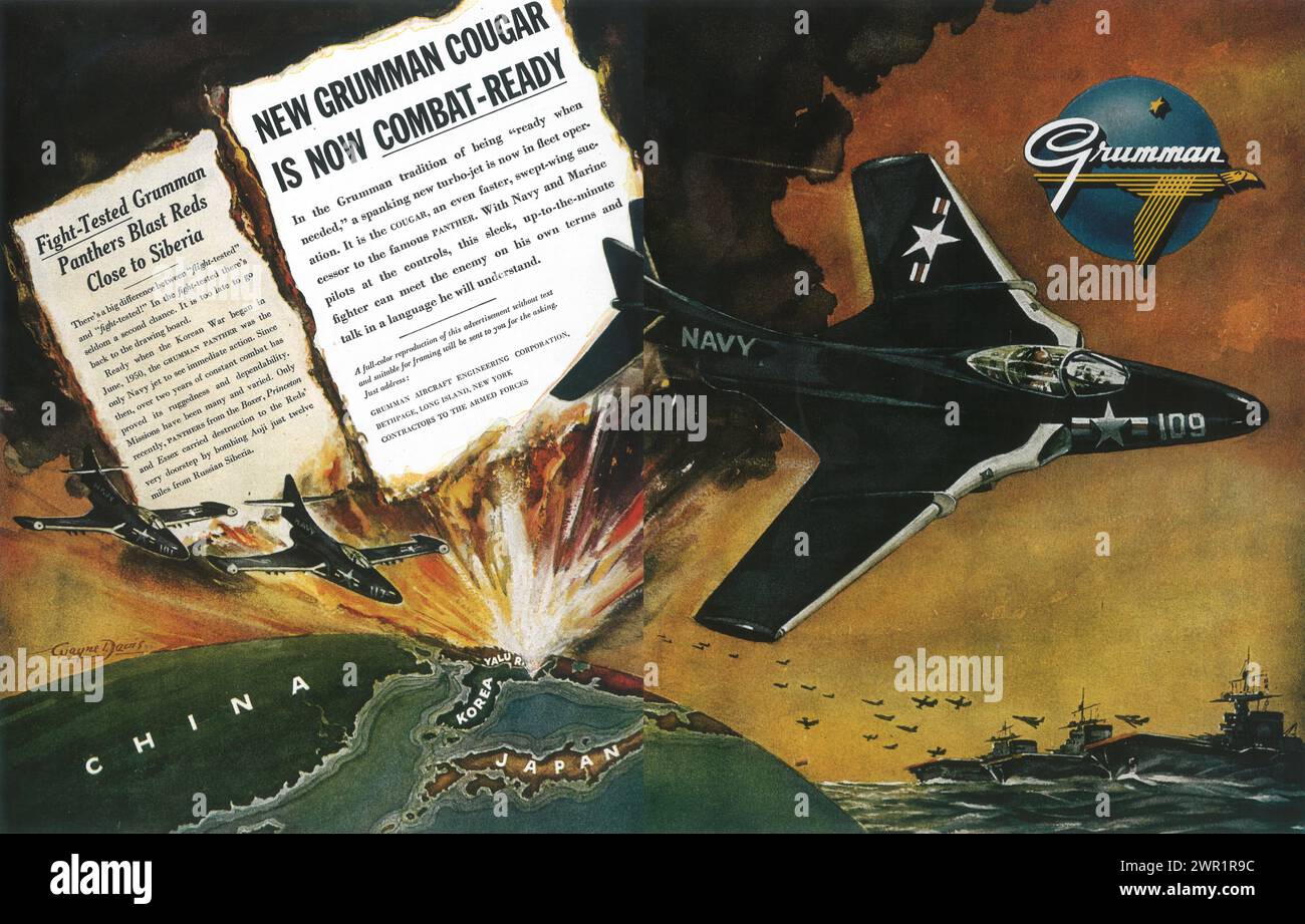 1953 Grumman Cougar Jet Fighter Print Ad. 'New Grumman Cougar is now combat-ready.  Fight-tested Grumman Panthers blast reds close to Siberia ' Stock Photo