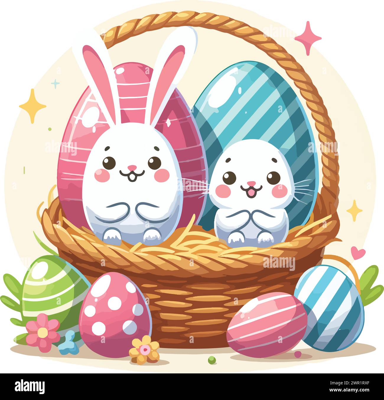 Hop into the Easter spirit with our charming Easter Rabbit with Egg in Basket Illustration. This delightful artwork captures the joy and wonder of the Stock Vector