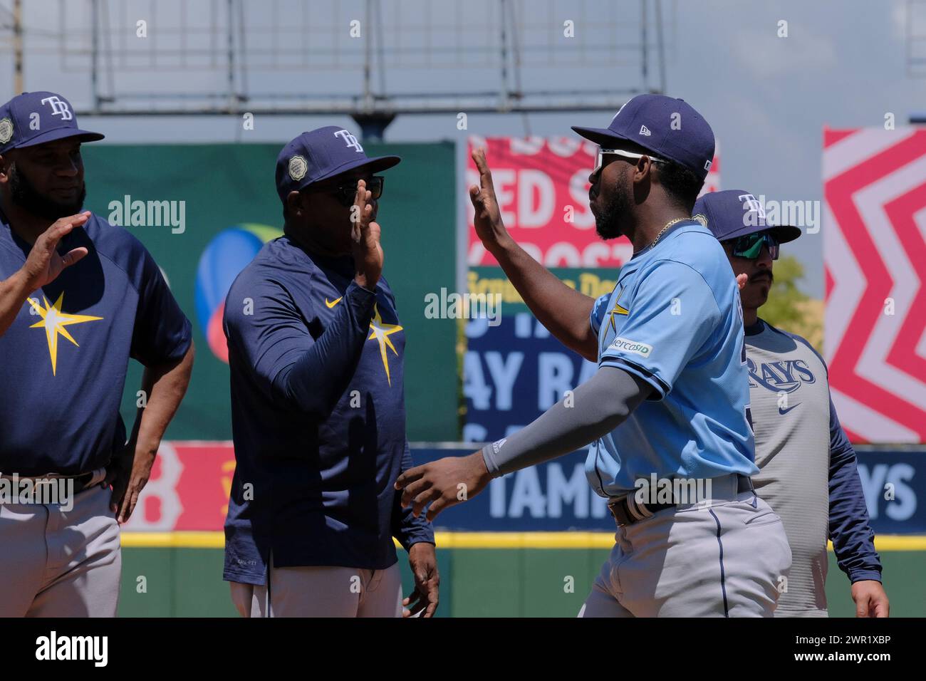 Basabe Rays Tampa Bay Rays' Osleivis Basabe, right, greets teammates prior to a ...
