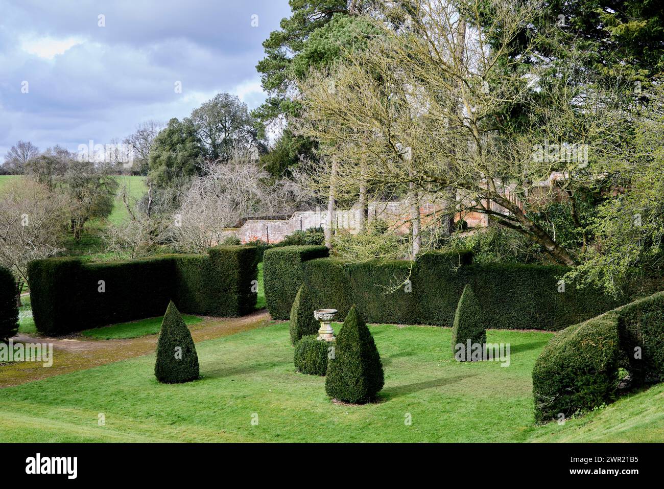 Formal garden at Benington Lordship, an 18th-century Georgian Manor House with neo-Norman additions, including a motte and bailey castle. Stock Photo