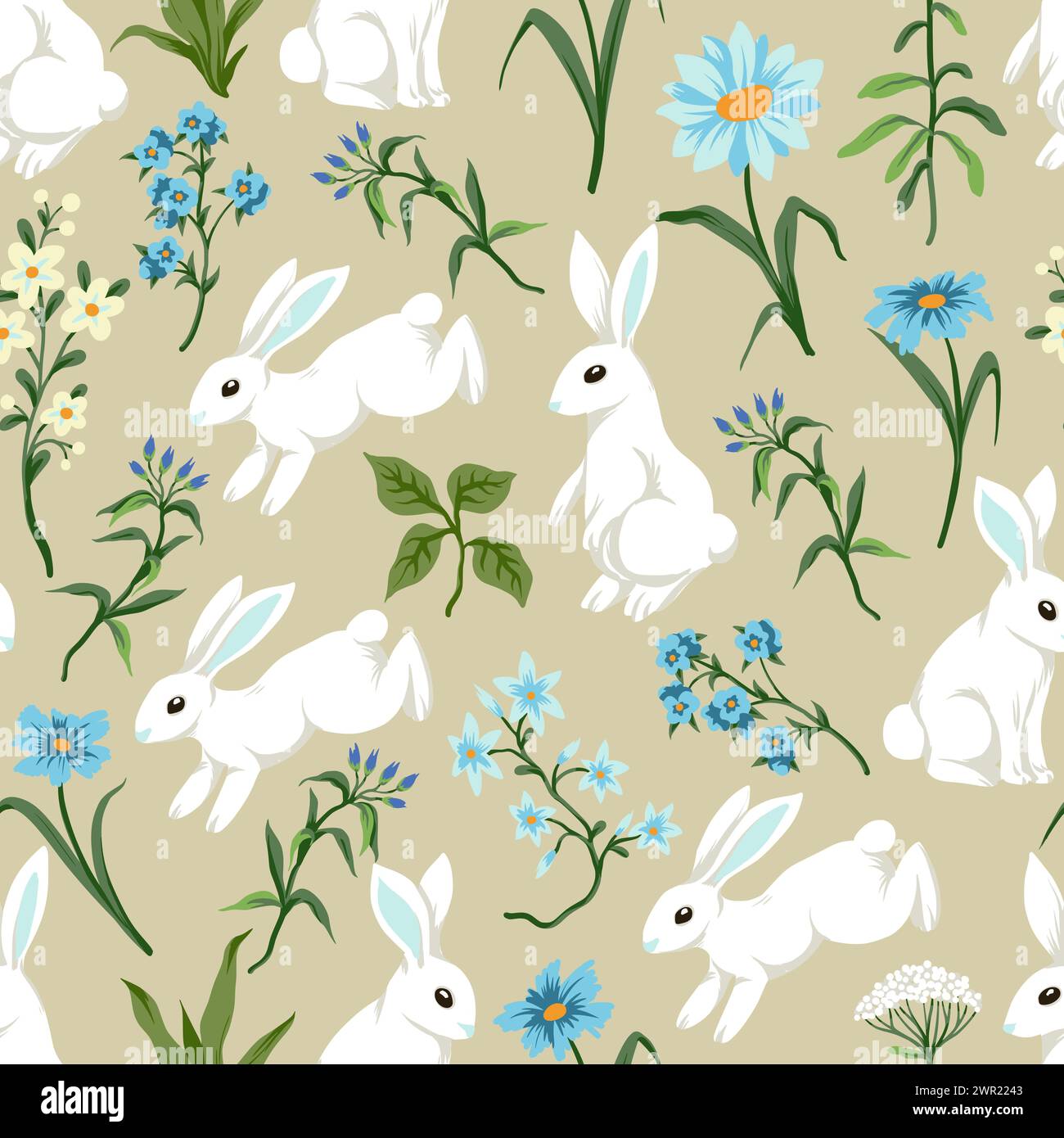 Seamless pattern with cute white rabbits and flowers. Vector. Stock Vector
