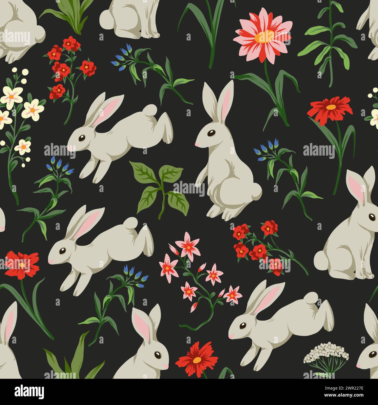 Seamless pattern with cute white rabbits and flowers. Vector Stock ...