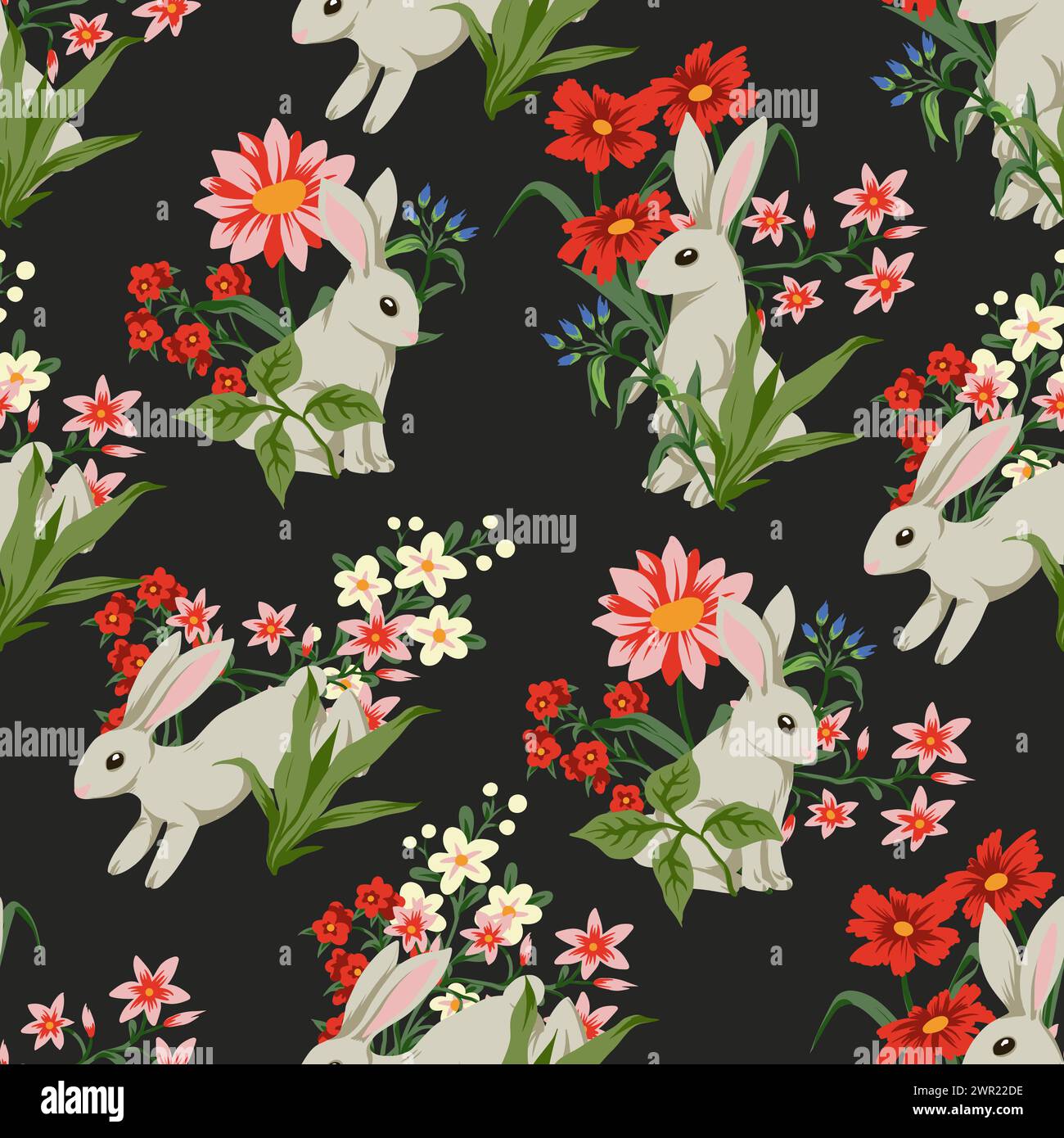 Seamless pattern with cute white rabbits and flowers. Vector Stock ...