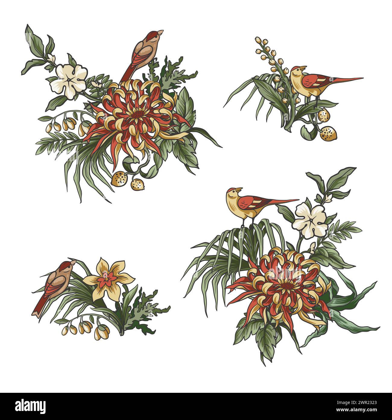 Chinoiserie elements such as branches, flowers and birds isolated. Vector. Stock Vector
