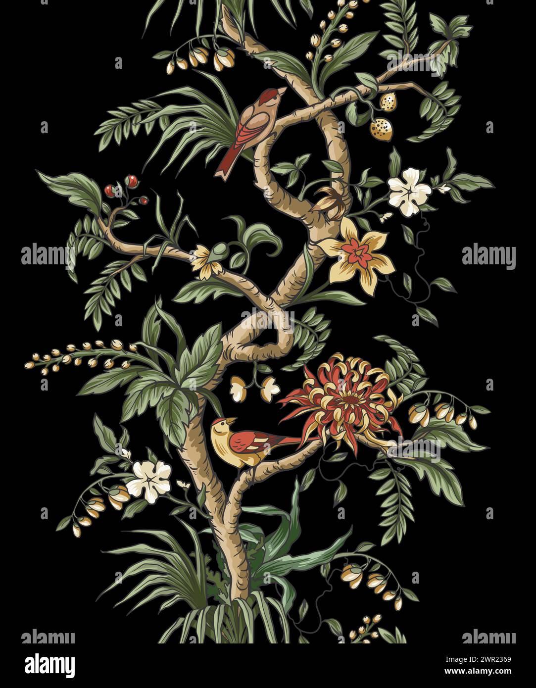 Chinoiserie border with branches, flowers and birds. Vector. Stock Vector