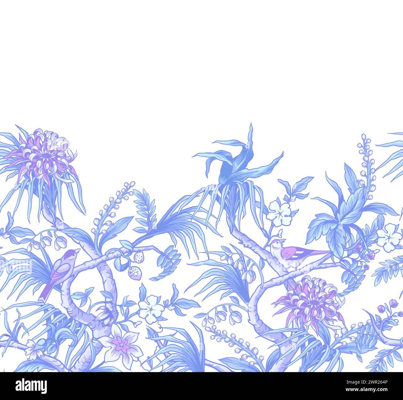 Chinoiserie border with branches, flowers and birds. Vector. Stock Vector
