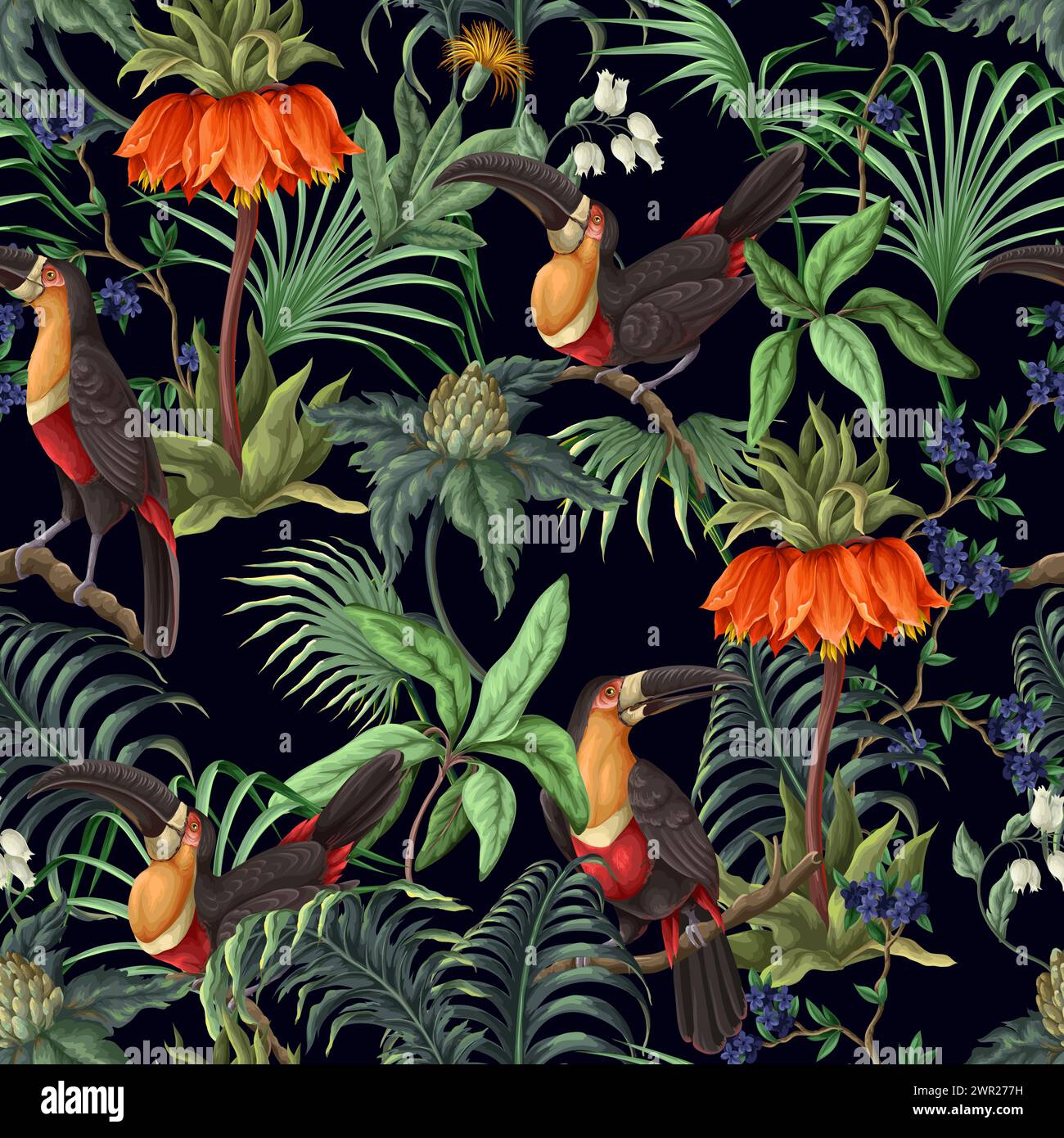 Seamless tropical pattern with flowers, leaves and toucan. Vector Stock ...