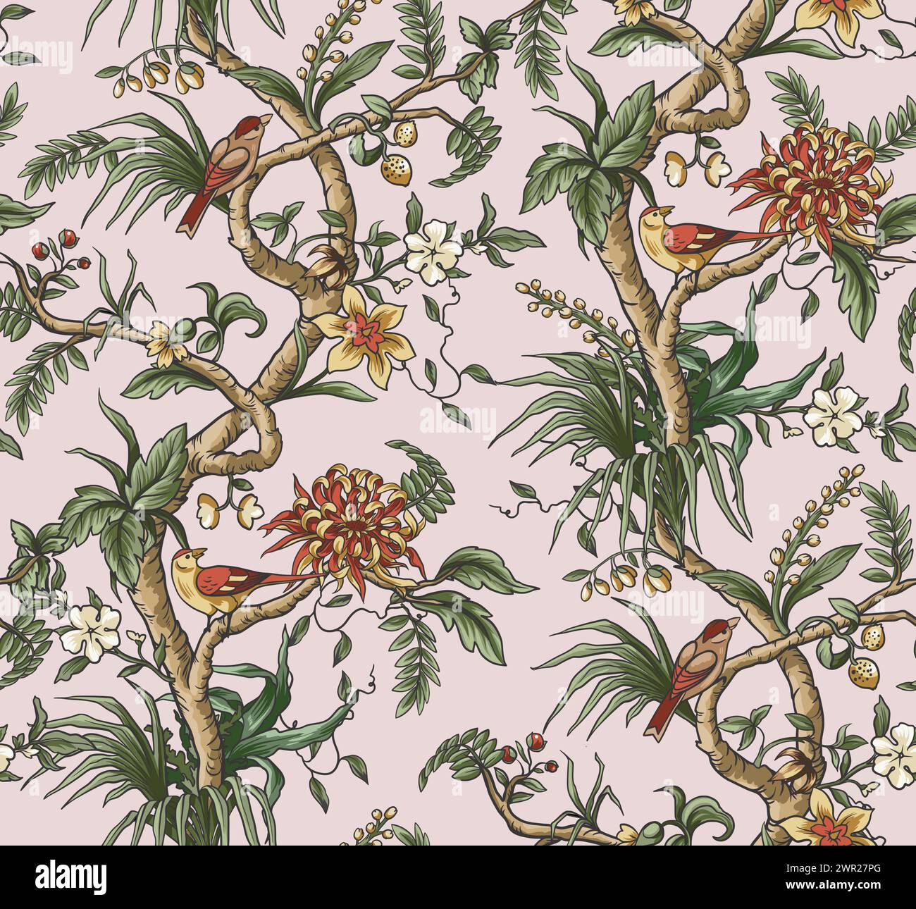 Seamless chinoiserie pattern with branches, flowers and birds. Vector. Stock Vector