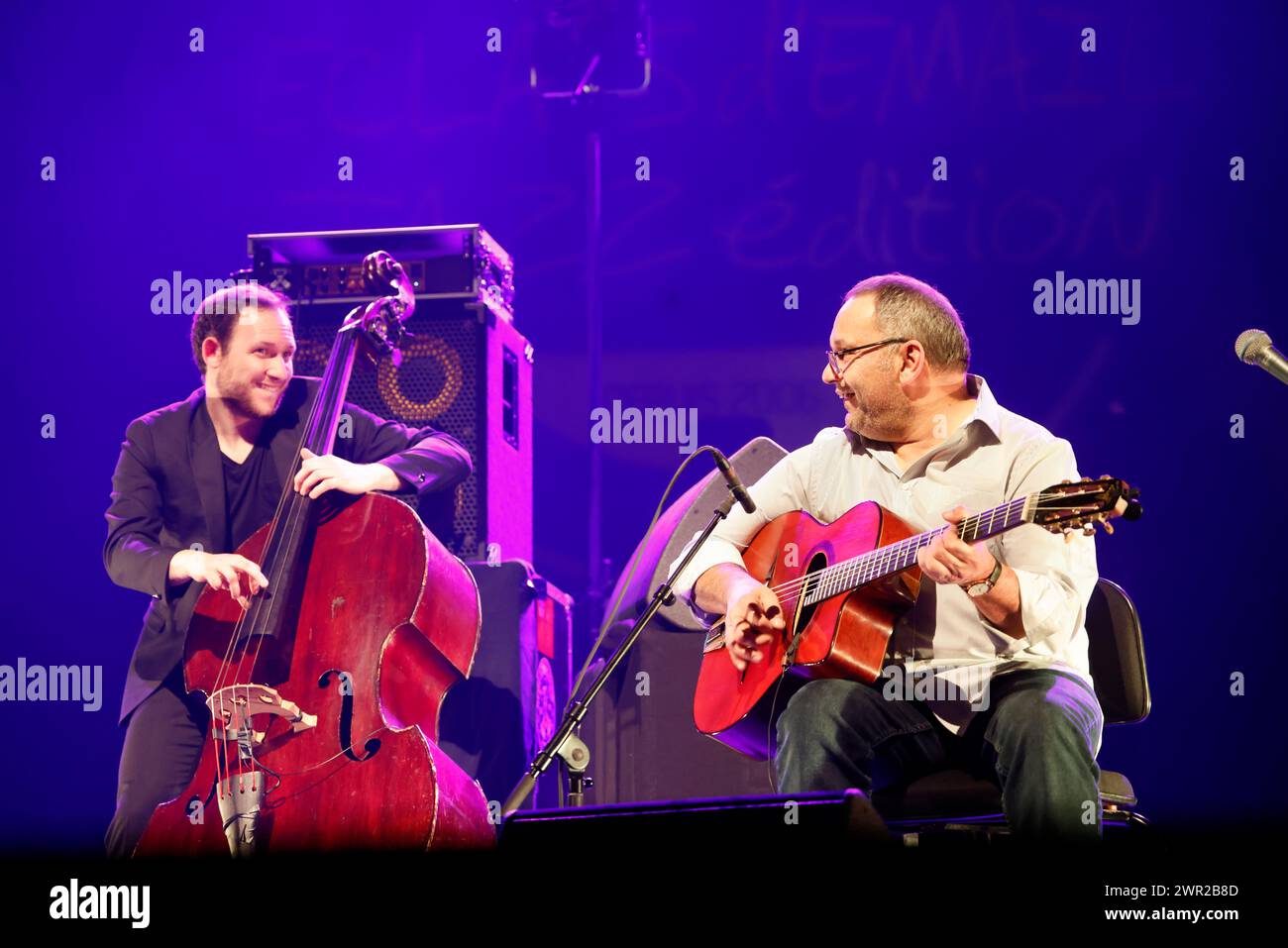 Biréli Lagrène French jazz guitarist and composer of gypsy origin with William Brunard French jazz double bassist in concert during the Éclats d'Email Stock Photo