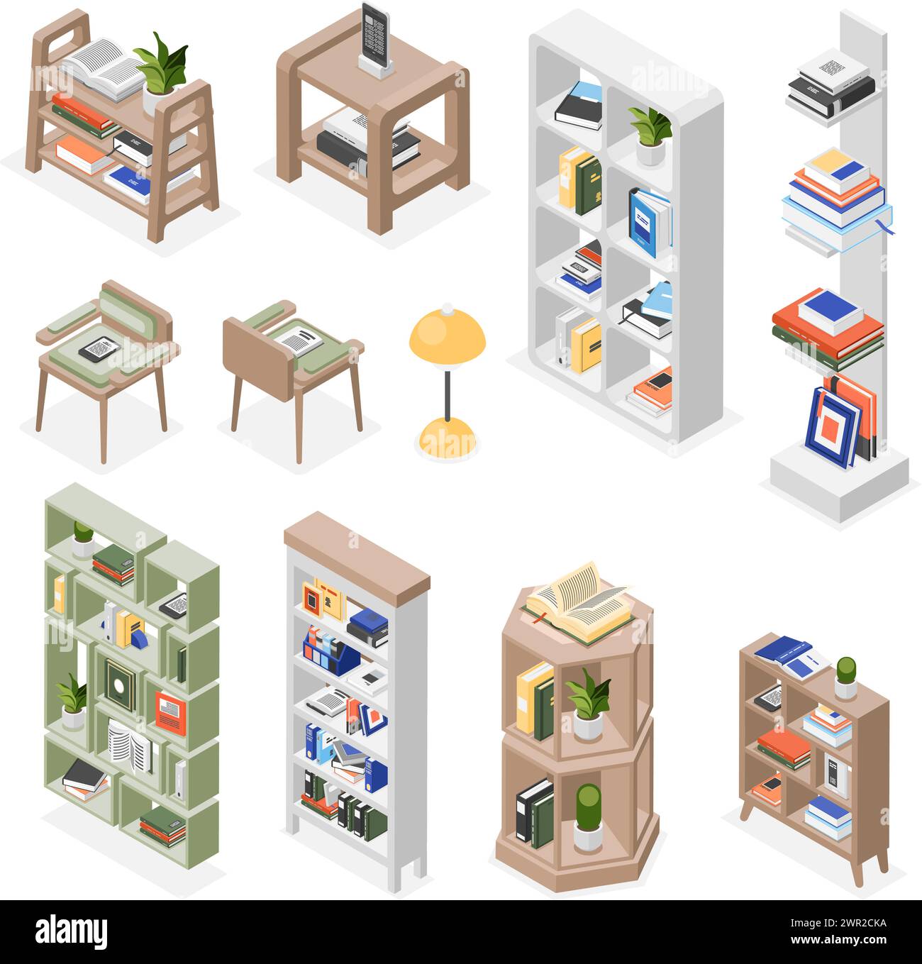 Isometric bookshelves. Library furniture, shelf and chairs. Book piles on shelves. School or university, bookstore equipment. Interior flawless vector Stock Vector