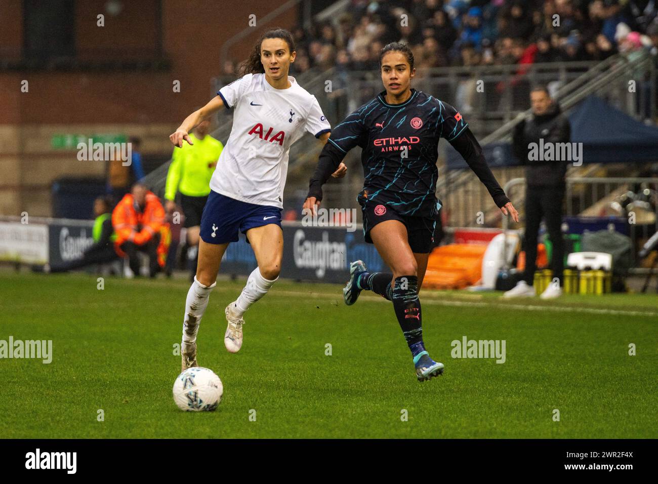 London, UK. 10th Mar, 2024. London, England, March 10 2024: Mary Fowler (8 Manchester City) and Rosella Ayane (23 Tottenham Hotspur) in action during the Womens FA Cup game between Tottenham Hotspur and Manchester City at Brisbane Road in London, England. (Pedro Porru/SPP) Credit: SPP Sport Press Photo. /Alamy Live News Stock Photo