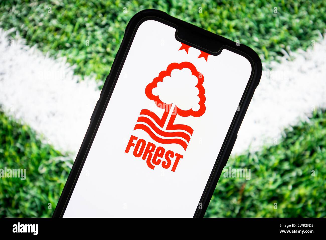 Poland. 23rd Feb, 2024. In this photo illustration, a Nottingham Forest football club logo seen displayed on a smartphone. (Credit Image: © Mateusz Slodkowski/SOPA Images via ZUMA Press Wire) EDITORIAL USAGE ONLY! Not for Commercial USAGE! Stock Photo