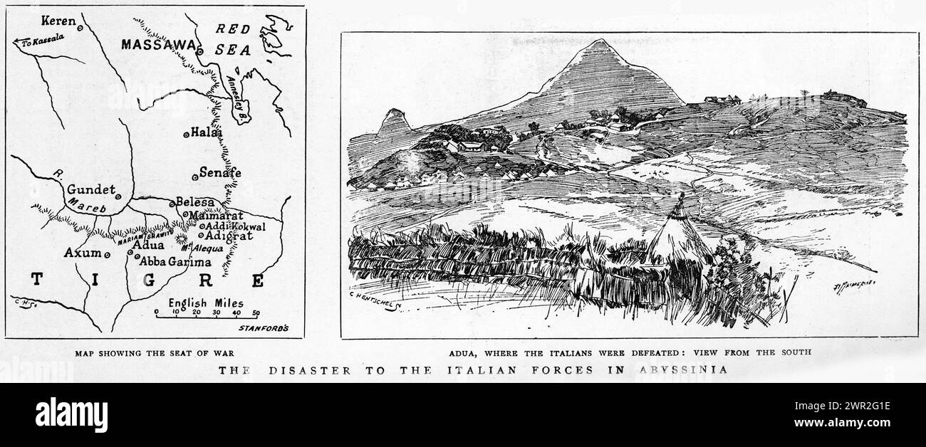 Engraving of the Italian forces defeated in Abyssinia, circa 1896. The Battle of Adwa was the climactic battle of the First Italo-Ethiopian War. The Ethiopian forces defeated the Italian invading force on Sunday 1 March 1896, near the town of Adwa, ending Italian plans to dominate the country.. Stock Photo