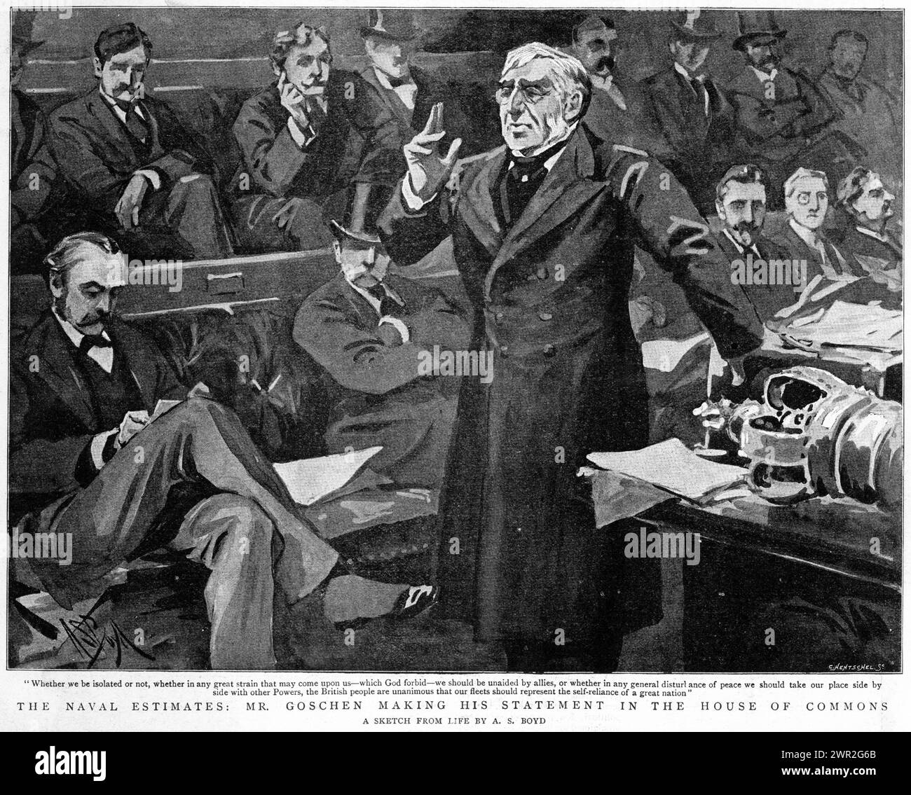 British Member of Parliament Mr Goschen making a speech about naval budgets to the House of Commons, published  1896 Stock Photo