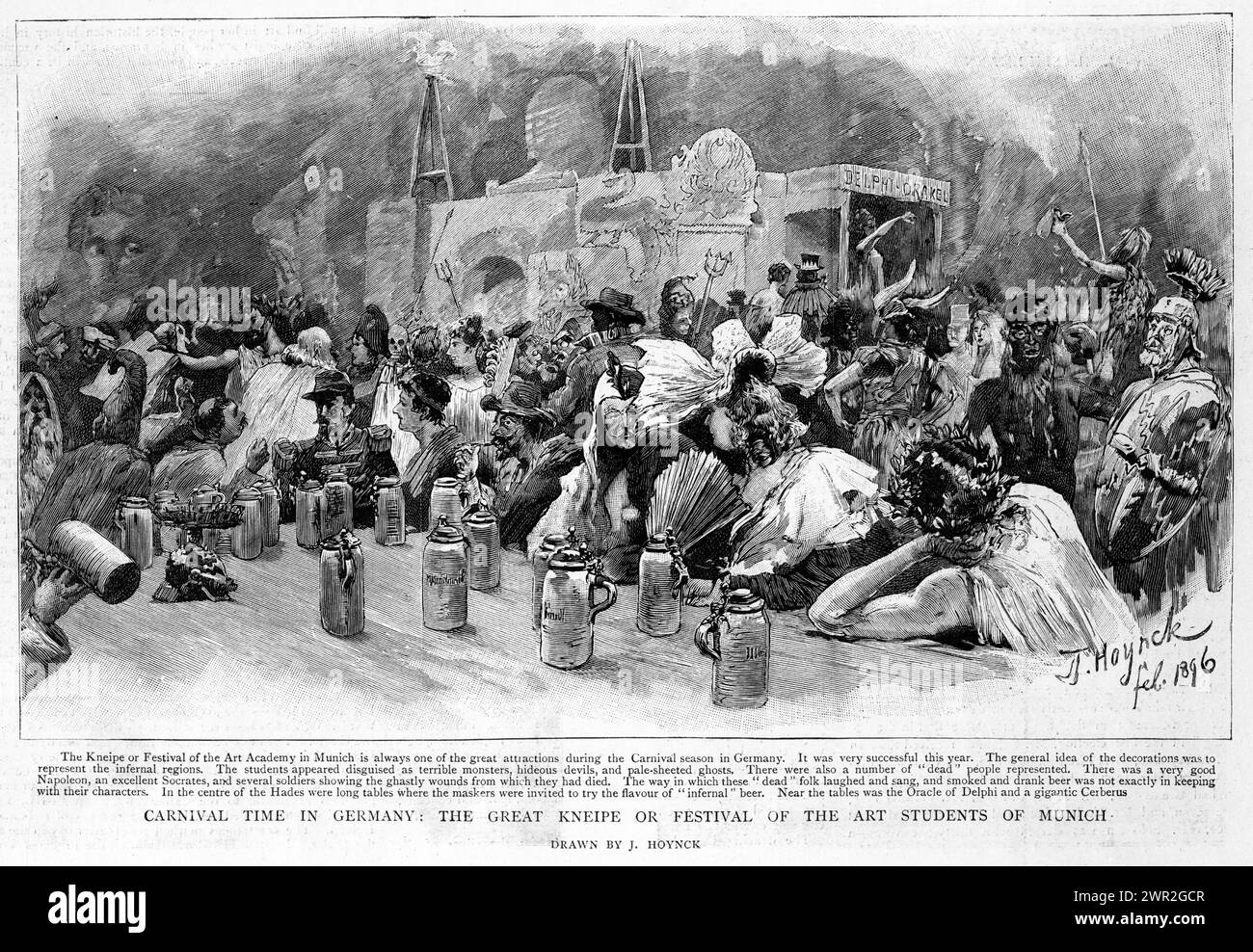 Engraving of the great kniepe, or festival of the art students of  Munich in Gemany, published 1896 Stock Photo