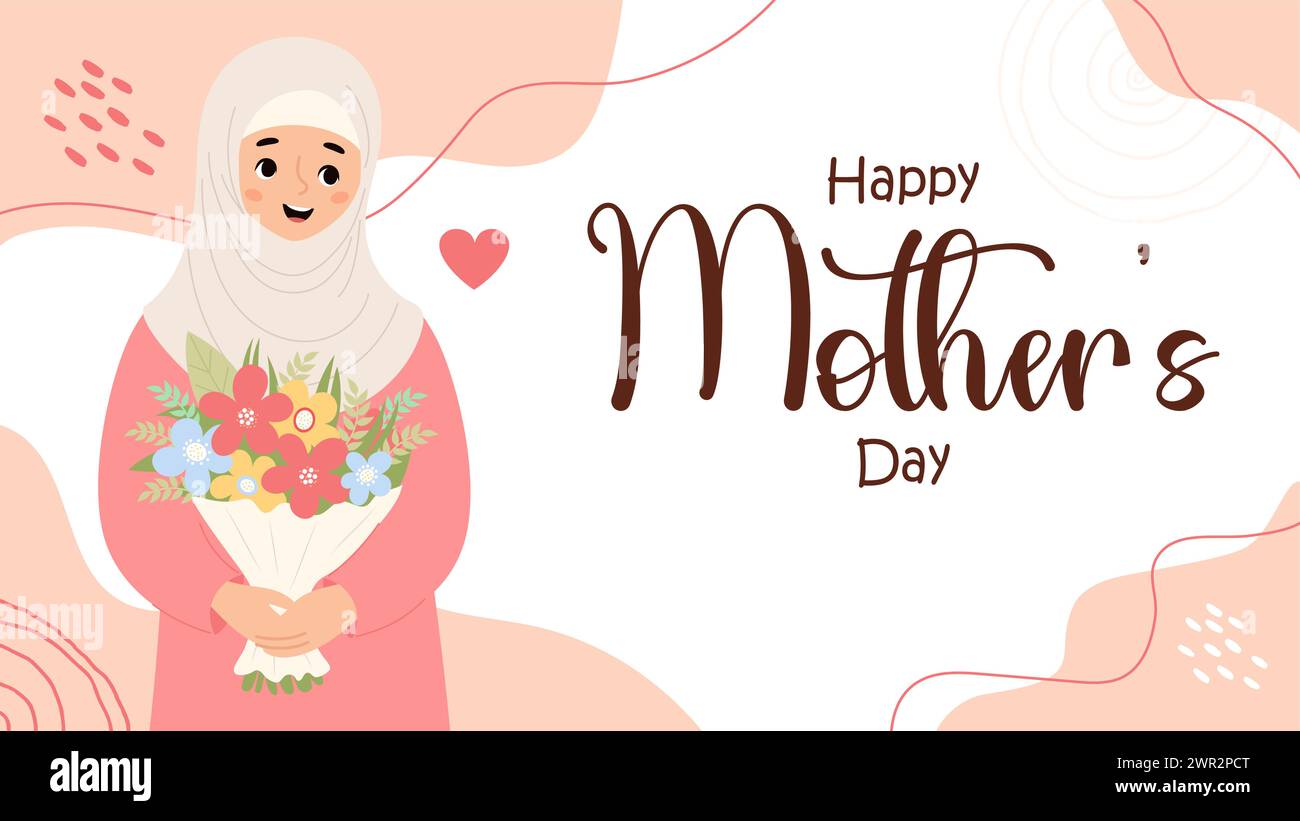 Happy Mothers Day poster. Cute muslim woman in hijab with bouquet flower. Islamic female ethnic character on abstract background. Horizontal festive b Stock Vector