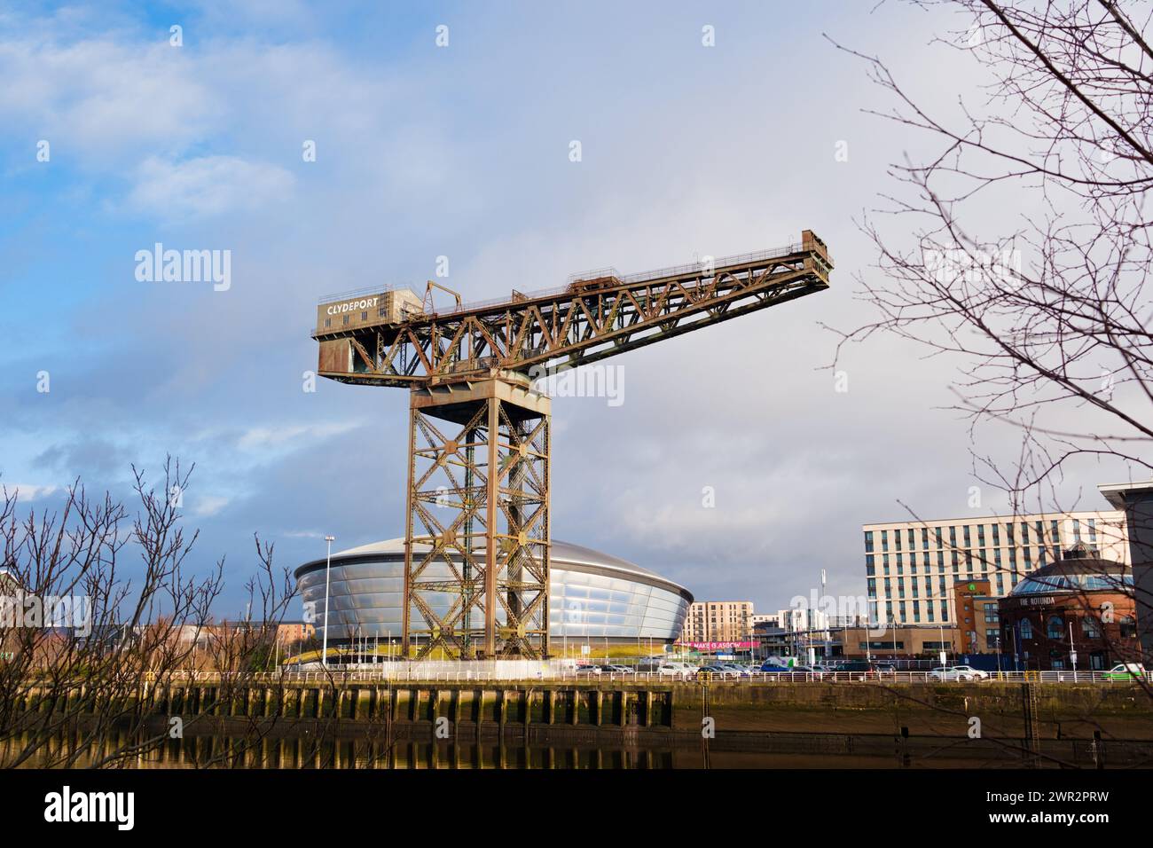 Glasgow Scotland: 13th Feb 2024: Finnieston Crane on a sunny golden hour morning. Banks of the River Clyde Stock Photo