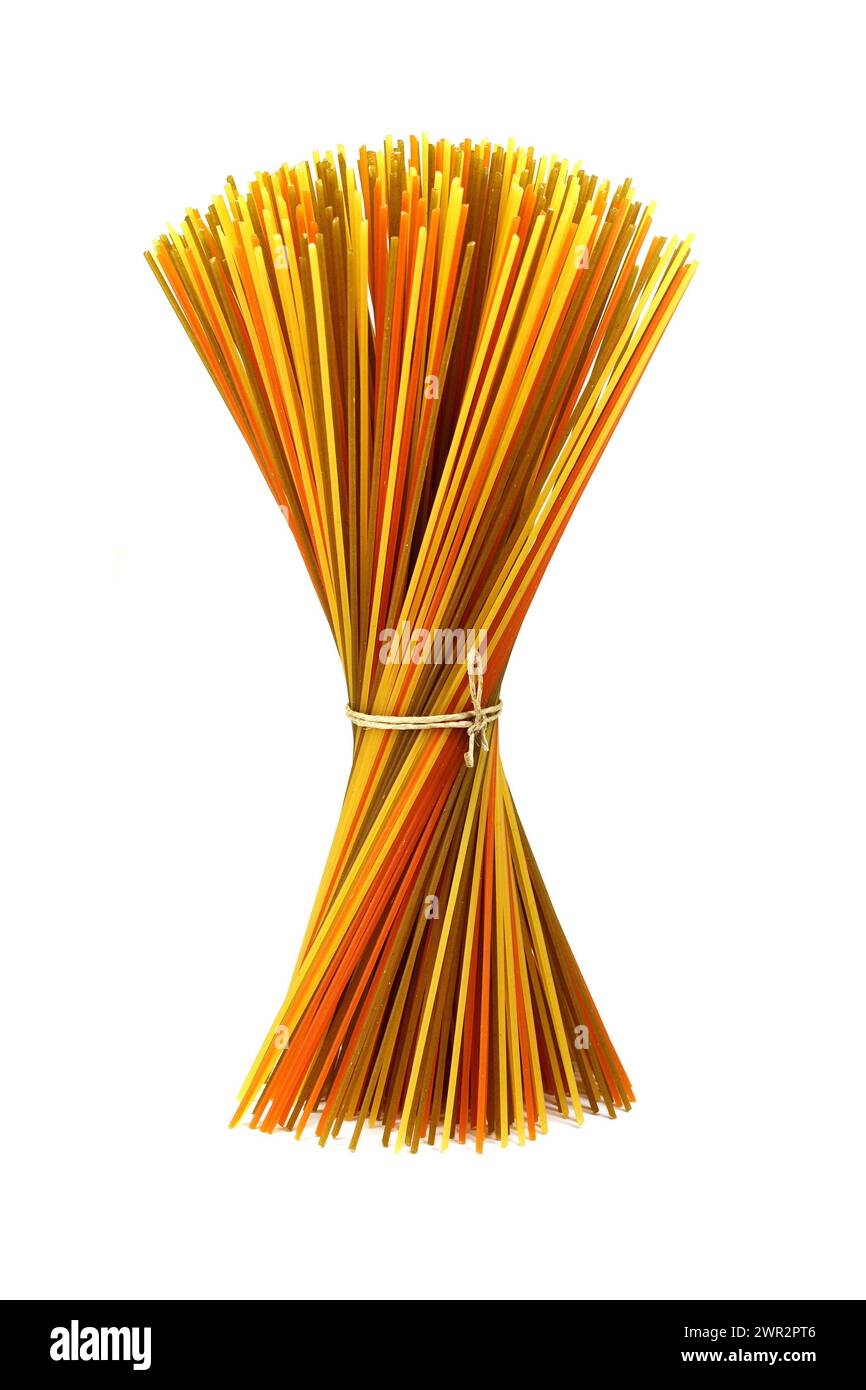 long multicolored pasta, flavoured spaghetti isolated on white