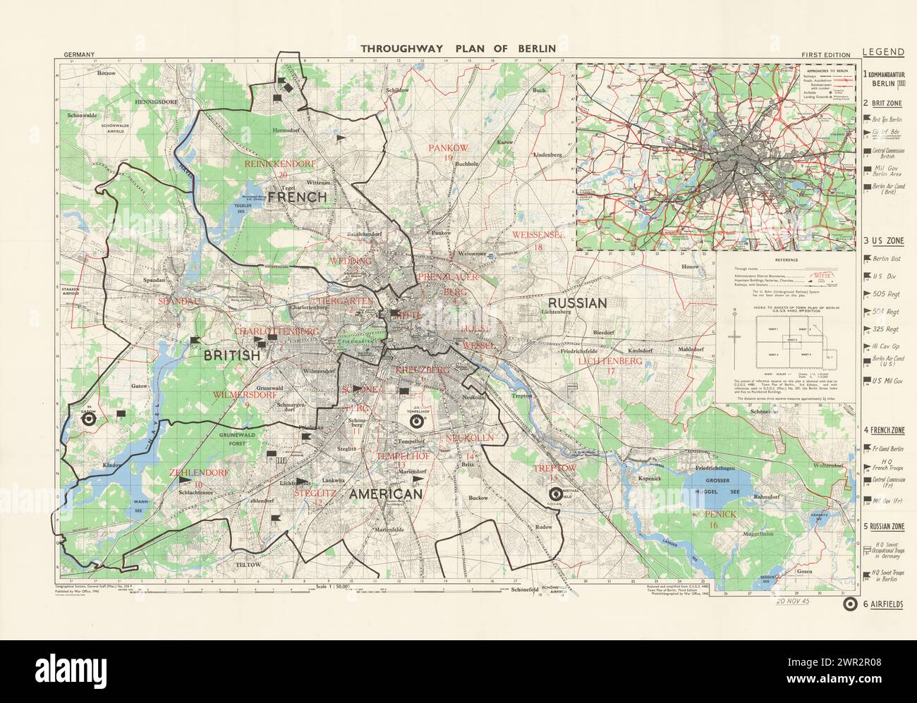 Vintage Berlin War. Second World War -- Occupation of Berlin, Throughway Plan of Berlin.  by War Office, 1945.  Original city plan of Berlin published at the close of the Second World War, showing how the city was divided between French, English, American, and Russian sectors. Stock Photo