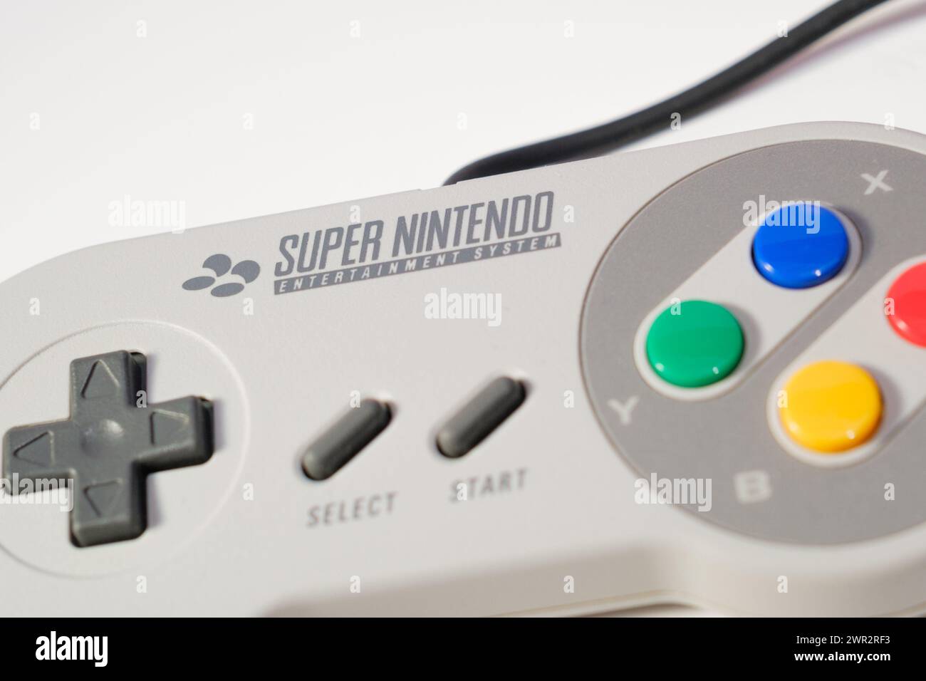 Newcastle UK: 1st July 2023: Super Nintendo controller uk version japan pal. Colour buttons retro gaming Stock Photo