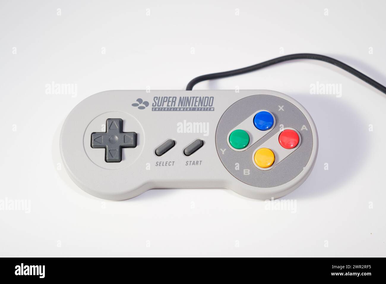 Newcastle UK: 1st July 2023: Super Nintendo controller uk version japan pal. Colour buttons retro gaming Stock Photo
