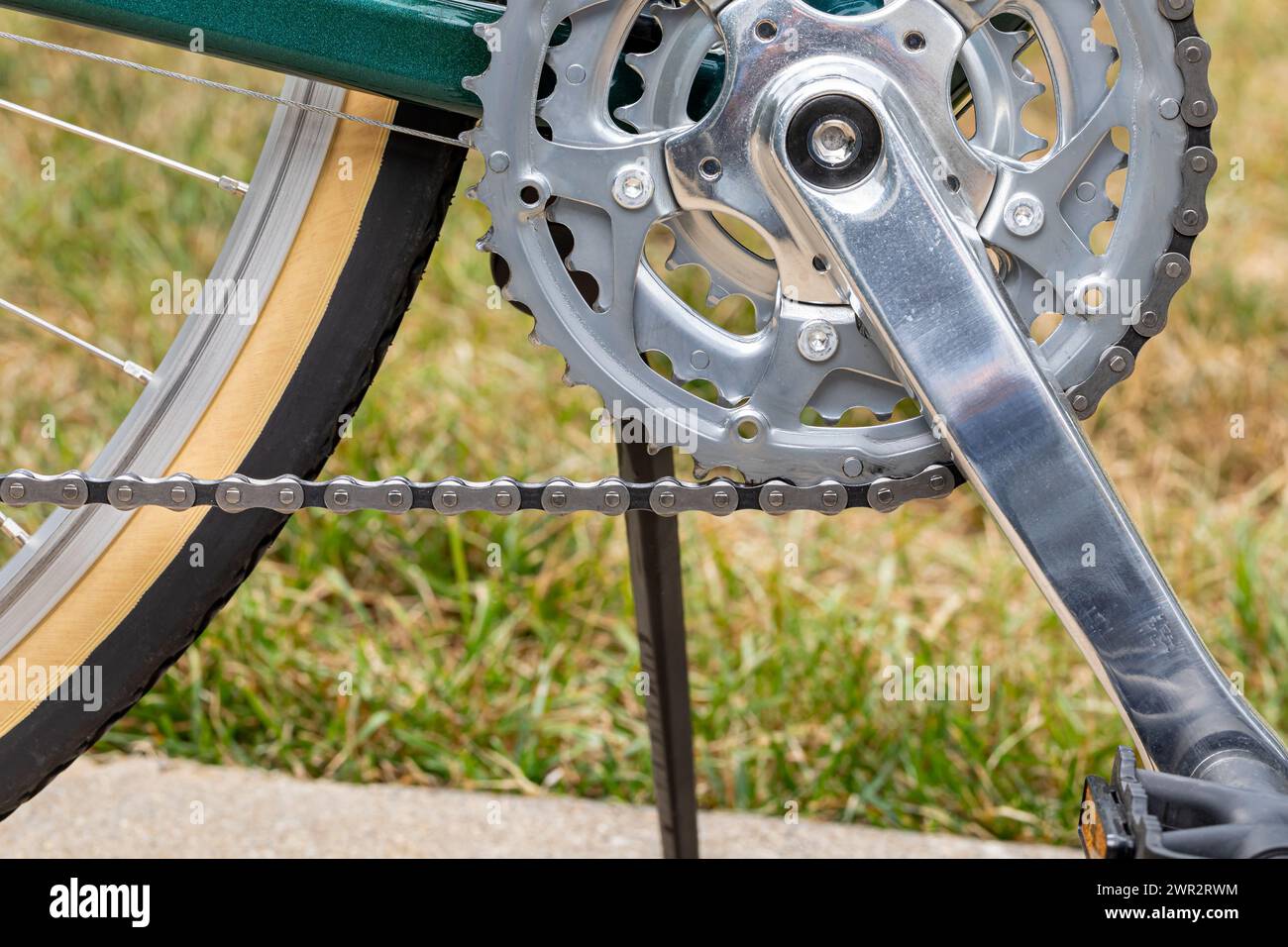 Bicycle chainring or crankset. Bike repair, maintenance, and bicycling safety concept. Stock Photo