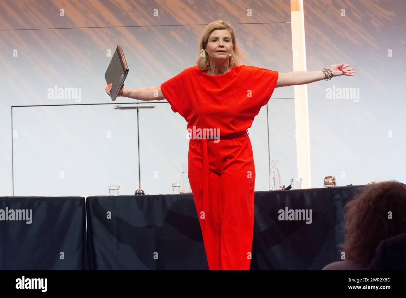 Annette Frier, a German actress, is performing on the stage of Flora Hall in Cologne, Germany, on March 10, 2024, during the Lit.Cologne 2024, the international literature festival. (Photo by Ying Tang/NurPhoto) Stock Photo