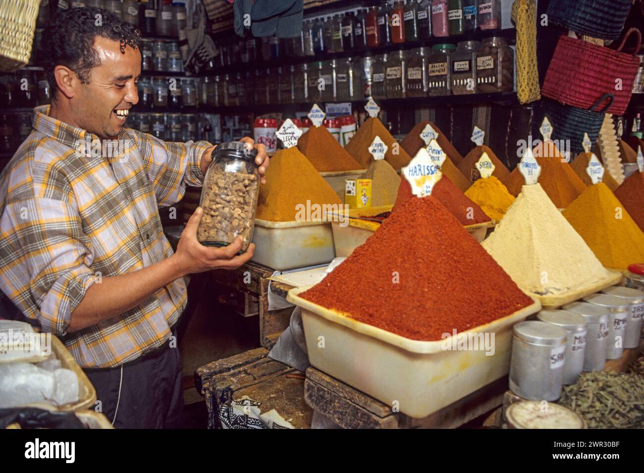 Essaouira, Morocco - Spice Vendor Zakariah bin Ahmed Sells Spices in the Suq Al-Ghazal (Al-Ghazal Market). Stock Photo
