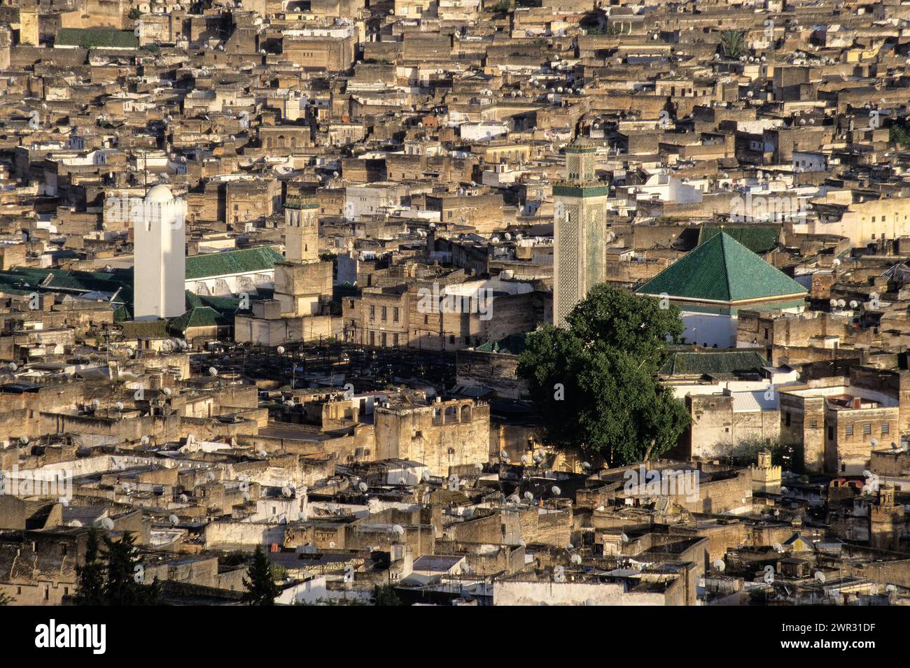 Fez, Morocco -  Fez El-Bali.  Behind the White Minaret is the Kairouyine (Karaouiyine) Mosque; to the right is the Zawiya of Moulay Idris II. Stock Photo