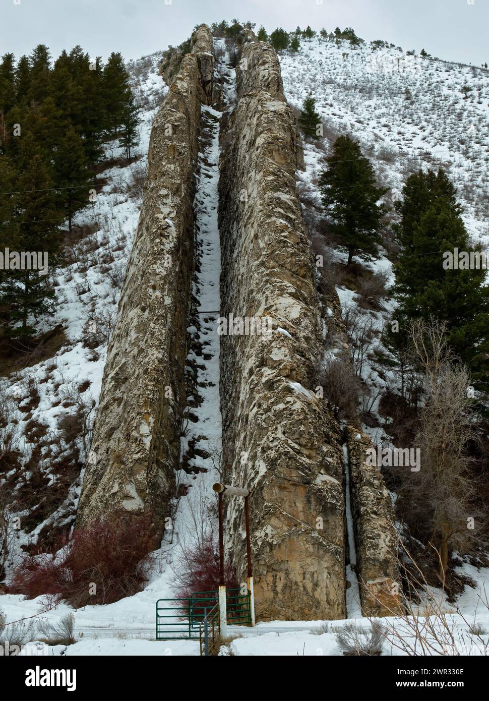 The Devil's Slide is a rock formation near I-84 in Morgan County, Utah. The sides of the slide weather-resistant limestone layers about 40 feet high, Stock Photo