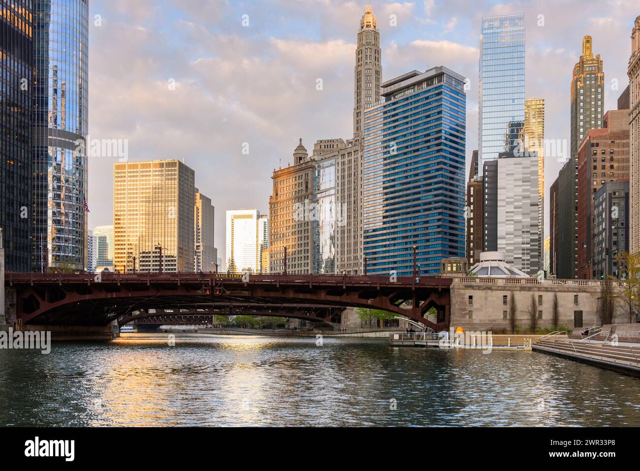 View of Chicago river skyline at sunset in spring Stock Photo