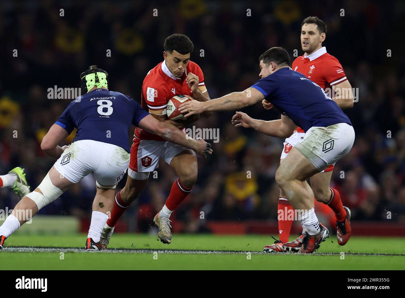 Cardiff, UK. 10th Mar, 2024. Rio Dyer of Wales (c) in action. Guinness Six Nations championship 2024 match, Wales v France at the Principality Stadium in Cardiff on Sunday 10th March 2024. pic by Andrew Orchard/Andrew Orchard sports photography/ Alamy Live News Credit: Andrew Orchard sports photography/Alamy Live News Stock Photo