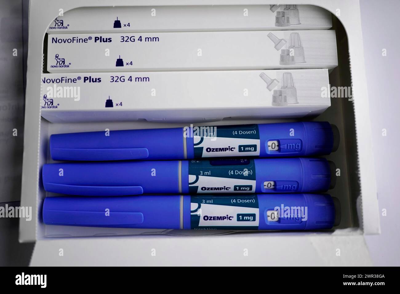 A medical set with Ozempic insulin pens and NovoFine Plus needles in packaging, for diabetes 2 patients, Stuttgart, Baden-Wuerttemberg, Germany Stock Photo