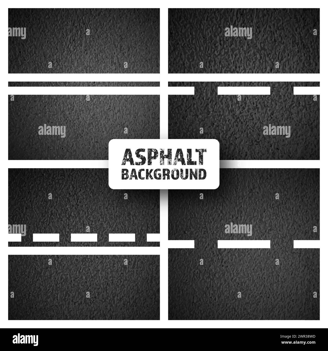 Asphalt road with white lane marking, concrete highway surface, texture. Street traffic line, road dividing strip. Pattern with grainy structure Stock Vector