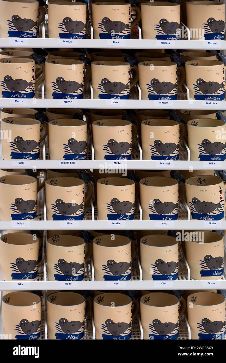 Name mug with seal, sales stand in Kuehlungsborn, Mecklenburg-Vorpommern, Germany Stock Photo