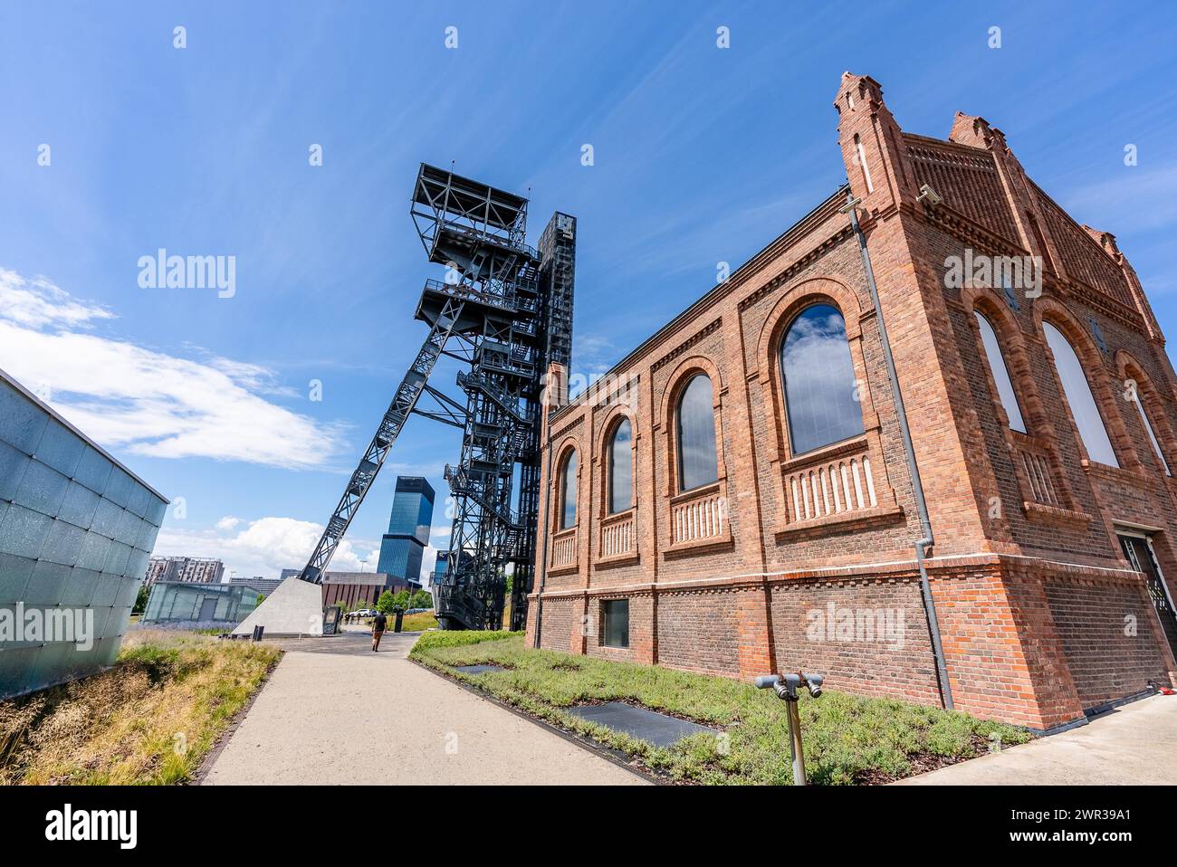 View of tower shaft Warszawa II and Silesian museum, Katowice, Poland Stock Photo