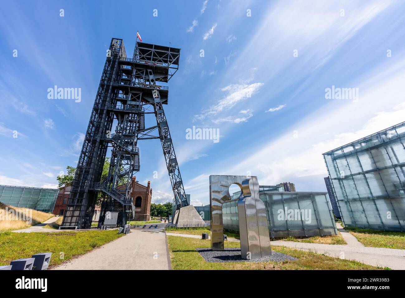 View of tower shaft Warszawa II and Silesian museum, Katowice, Poland Stock Photo