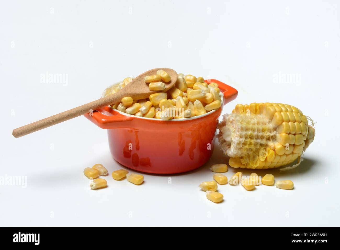 Fresh maize kernels in pots and cobs, corn (Zea mays) Stock Photo