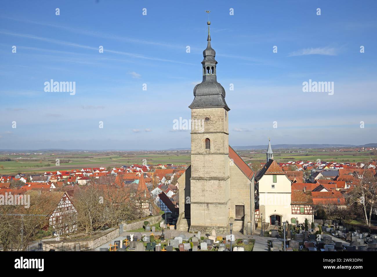 St John's Church with cemetery and historic gate tower, view, panoramic view, townscape, Burgbernheim, Middle Franconia, Franconia, Bavaria, Germany Stock Photo