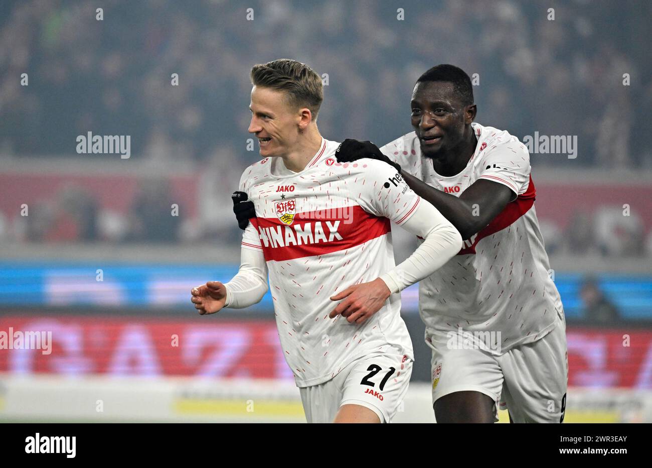 Goal celebration Chris Fuehrich VfB Stuttgart (27) and Serhou Guirassy VfB Stuttgart (09) MHPArena, MHP Arena Stuttgart, Baden-Wuerttemberg, Germany Stock Photo