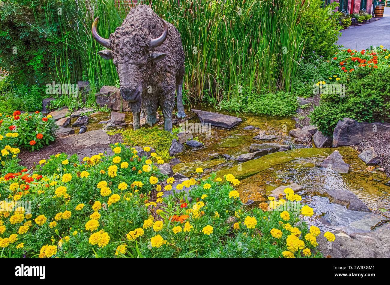 Whiskey Trace Buffalo statue in a garden at the distillery in Grorgetown Kentucky Stock Photo