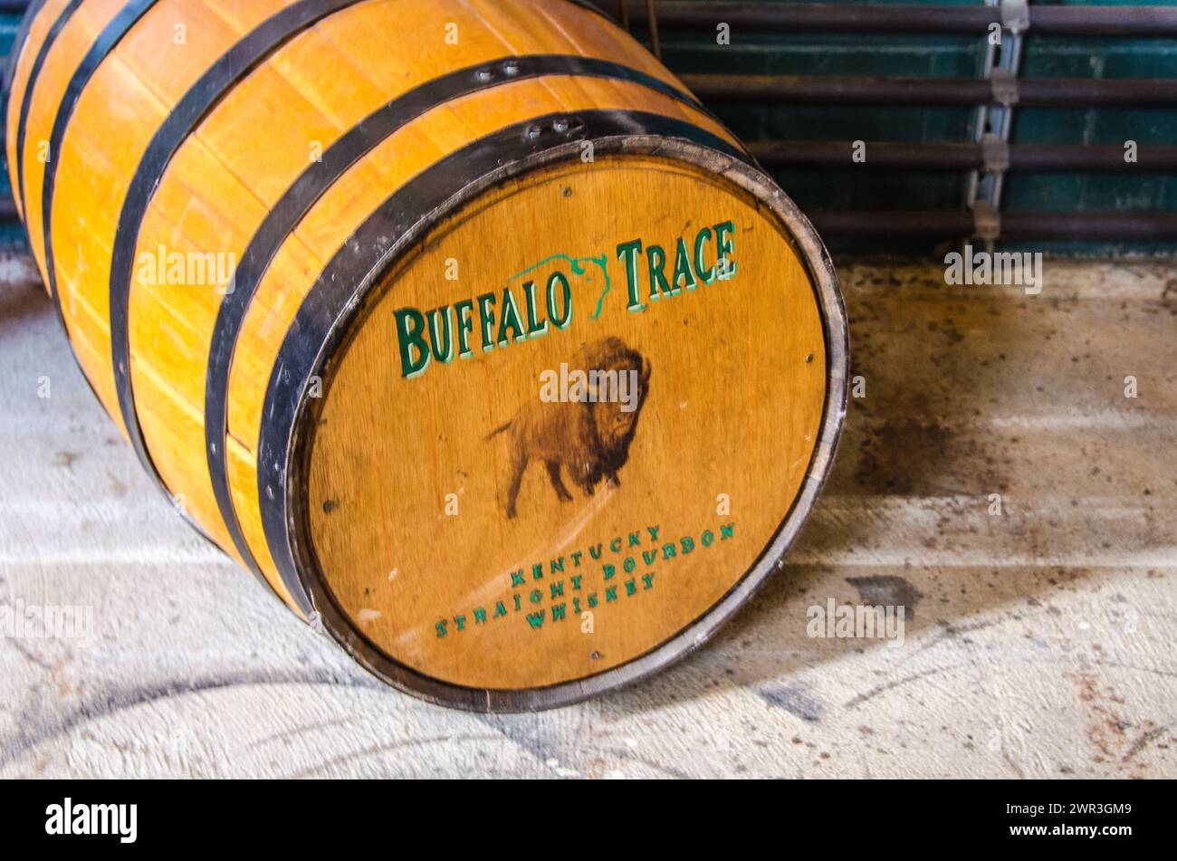 Buffalo Trace whiskey barrels in the distillery ageing warehouse in Georgetown Kentucky Stock Photo