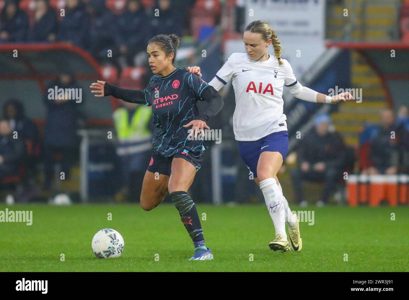 London, UK. 10th Mar, 2024. London, England, March 10th 2024: Mary Fowler (8 Manchester City) controls the ball while receiving pressure from Matilda Vinberg (13 Tottenham Hotspur) during the Womens FA Cup game between Tottenham Hotspur and Manchester City at Brisbane Road in London, England. (Alexander Canillas/SPP) Credit: SPP Sport Press Photo. /Alamy Live News Stock Photo